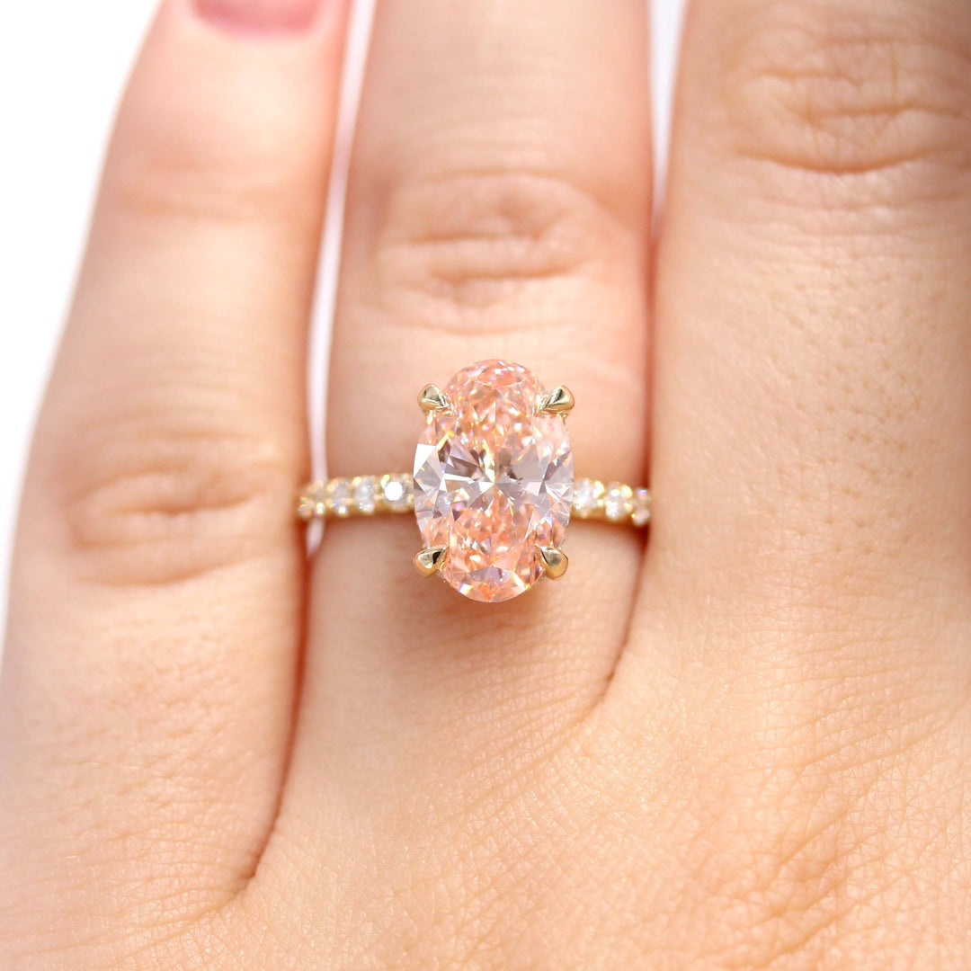 Ready to Ship Ring 14k Yellow Gold The Athena Hidden Halo Ring (Oval) in Yellow Gold with 3.23ct Pink Lab-Grown Diamond