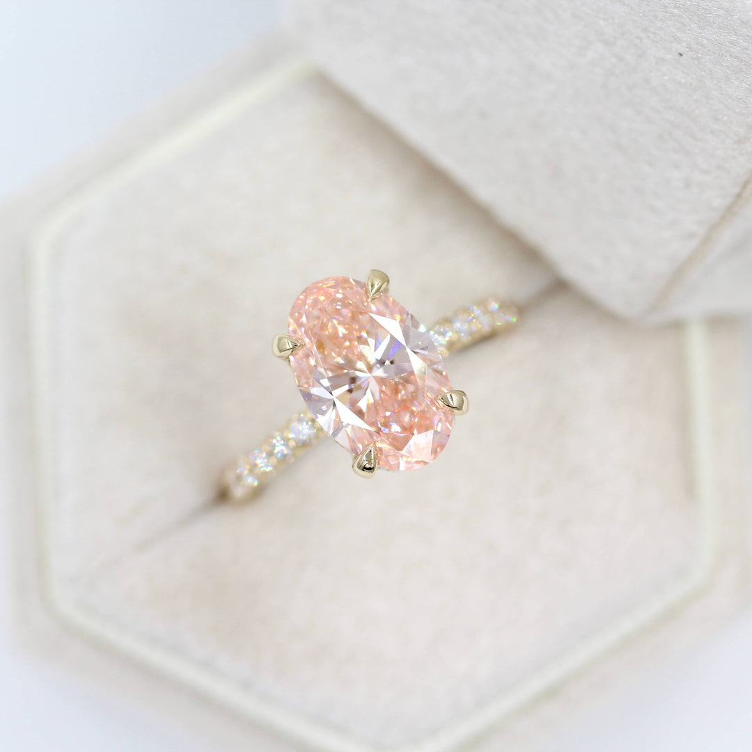 Ready to Ship Ring 14k Yellow Gold The Athena Hidden Halo Ring (Oval) in Yellow Gold with 3.23ct Pink Lab-Grown Diamond