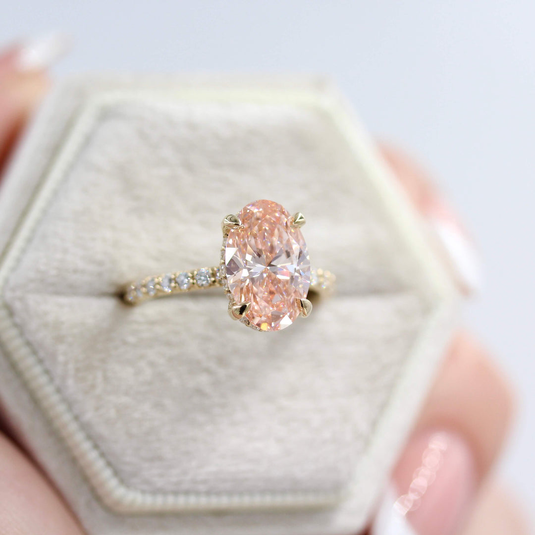 Ready to Ship Ring 14k Yellow Gold The Athena Hidden Halo Ring (Oval) in Yellow Gold with 3.23ct Pink Lab-Grown Diamond