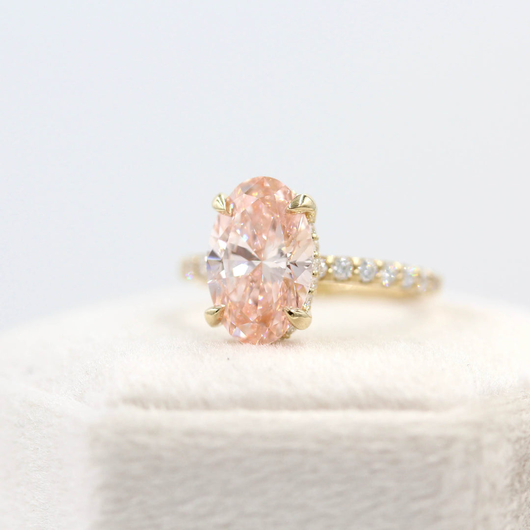 Ready to Ship Ring 14k Yellow Gold The Athena Hidden Halo Ring (Oval) in Yellow Gold with 3.23ct Pink Lab-Grown Diamond