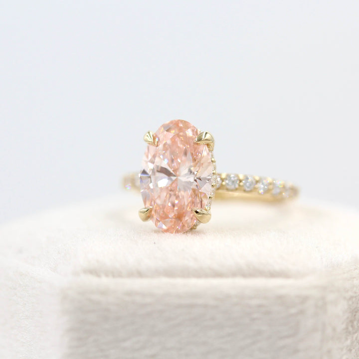 Ready to Ship Ring 14k Yellow Gold The Athena Hidden Halo Ring (Oval) in Yellow Gold with 3.23ct Pink Lab-Grown Diamond