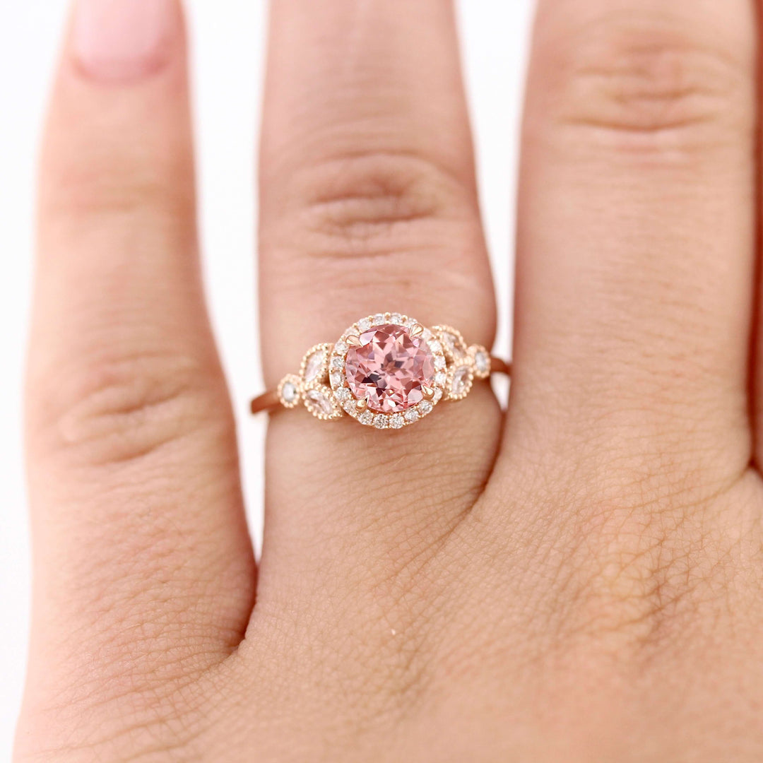 Ready to Ship Ring 14k Rose Gold The Cate Ring (Round) in Rose Gold with 1ct Peachy-Pink Created Sapphire