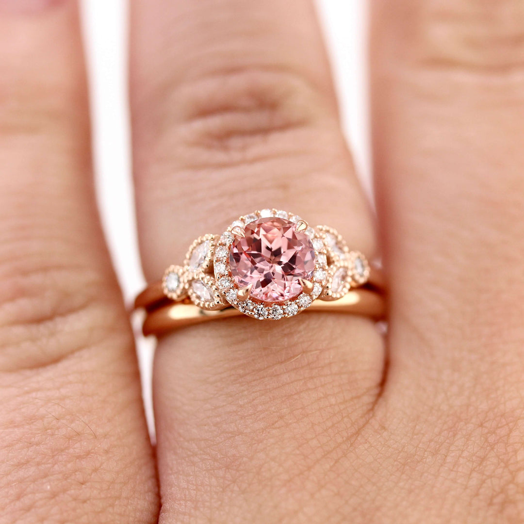 Ready to Ship Ring 14k Rose Gold The Cate Ring (Round) in Rose Gold with 1ct Peachy-Pink Created Sapphire