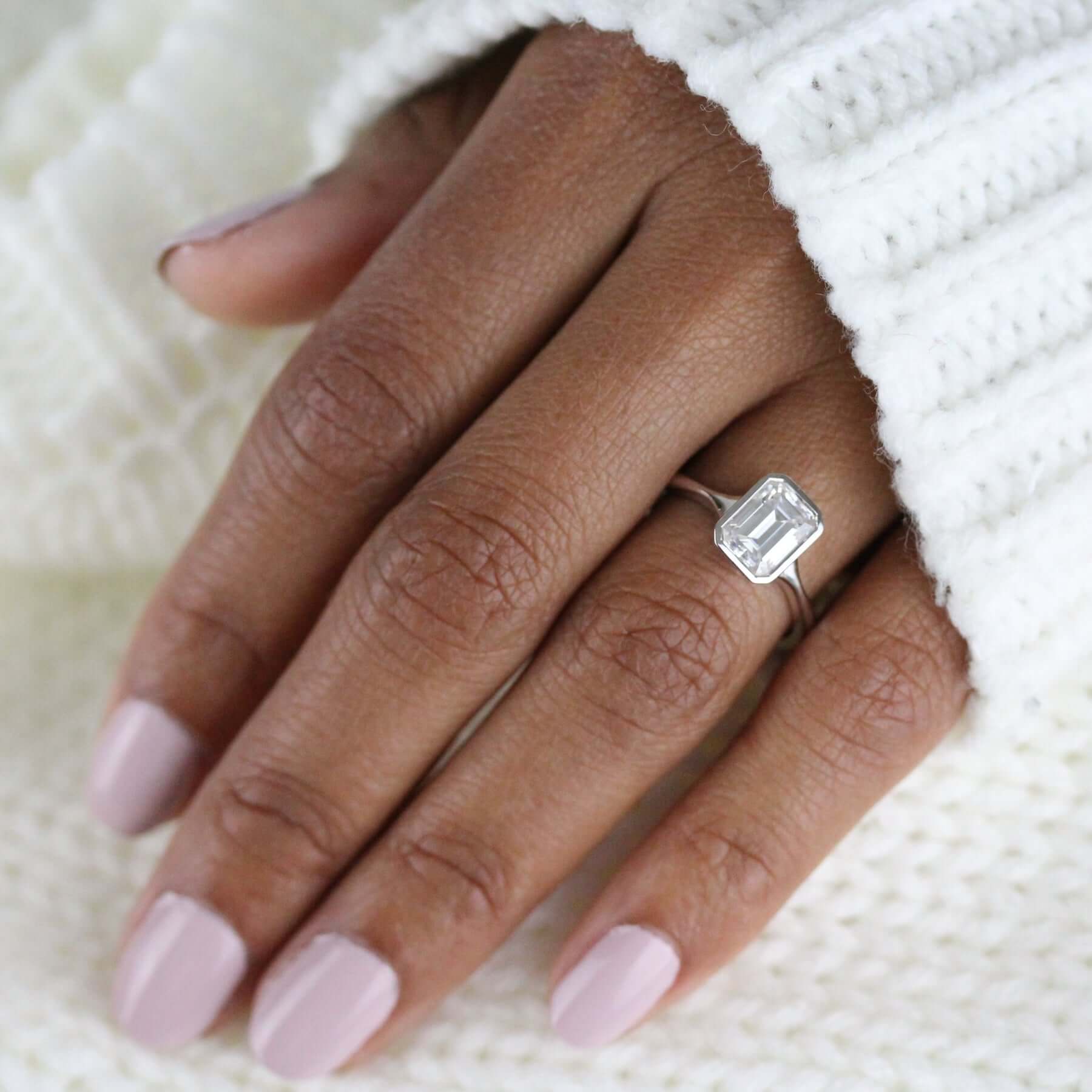 East West Moissanite Engagement Ring Emerald Cut 14K Rose Gold, 14K Yellow Gold, 14K White Gold Yellow Gold