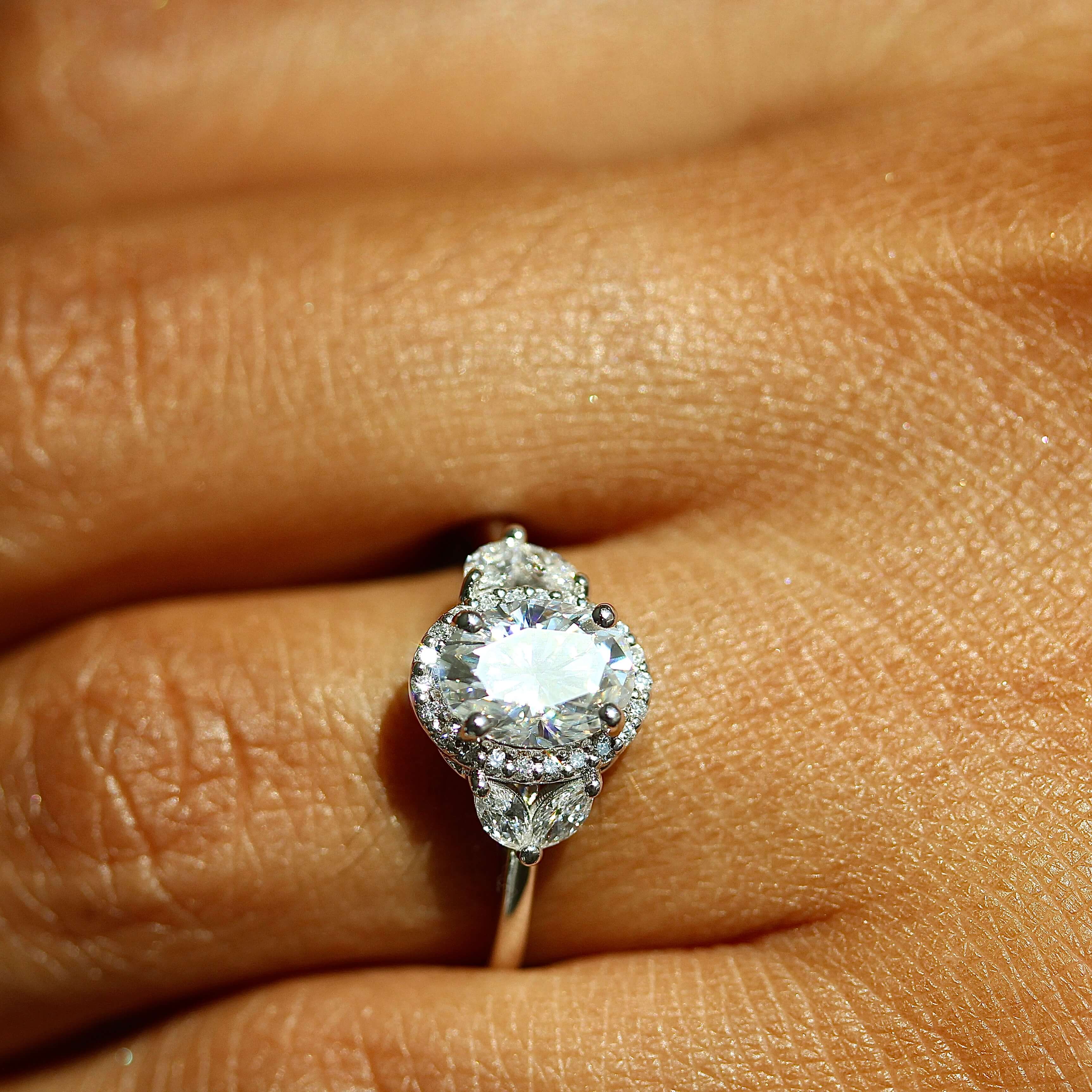 Vintage Inspired 14K White-Yellow Gold Horizontal Oval Diamond Engagement  Ring