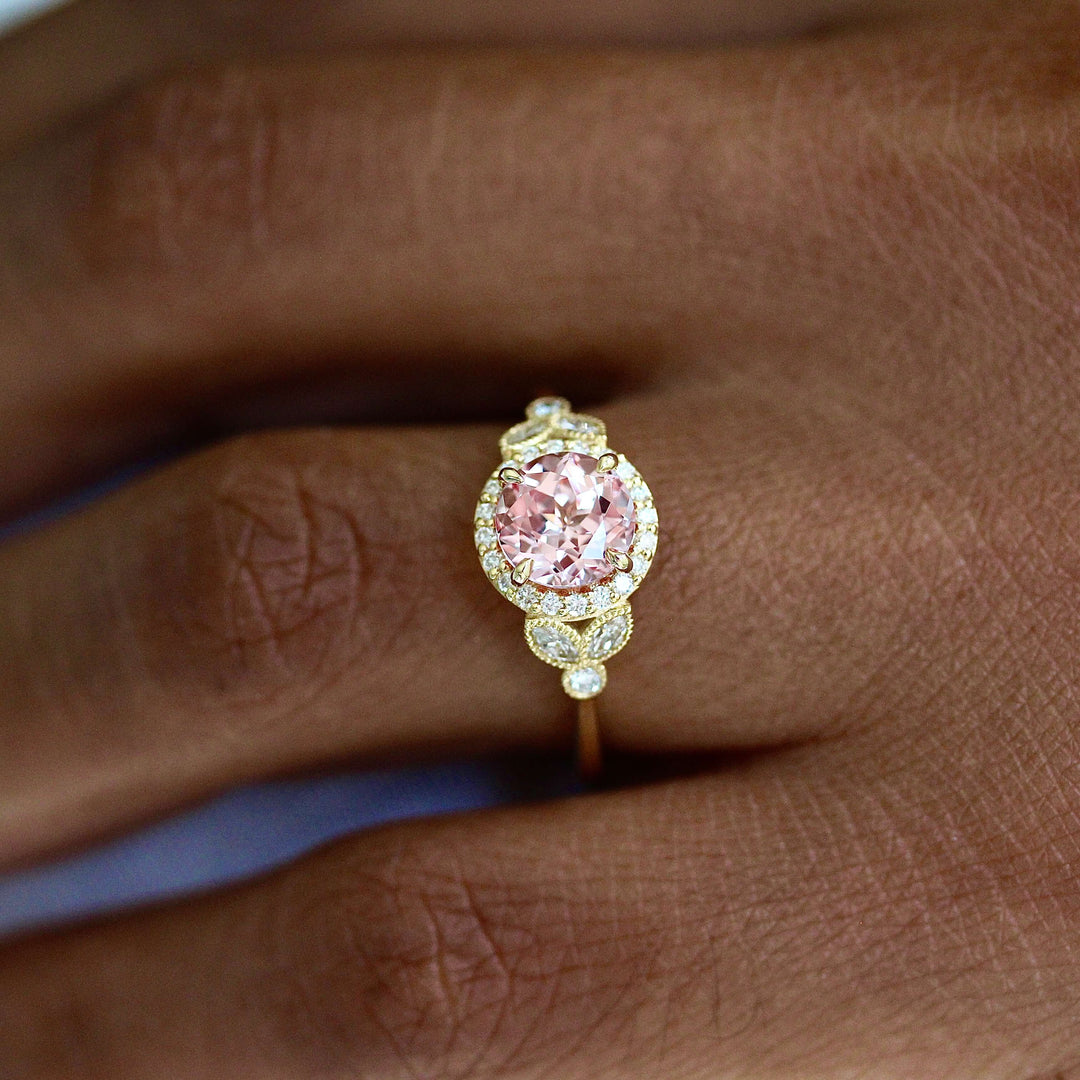Ready to Ship Ring 14k Yellow Gold The Cate Ring (Round) in Yellow Gold with 1ct Peachy-Pink Created Sapphire