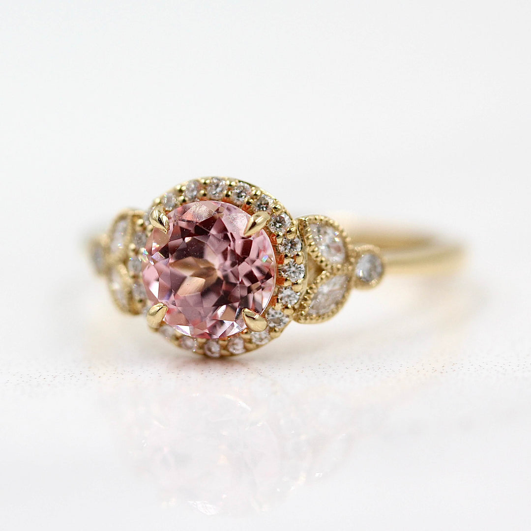 Ready to Ship Ring 14k Yellow Gold The Cate Ring (Round) in Yellow Gold with 1ct Peachy-Pink Created Sapphire