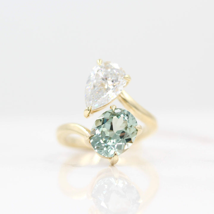Engagement Ring Toi Et Moi Diamond and Sage Green Sapphire Bypass Ring