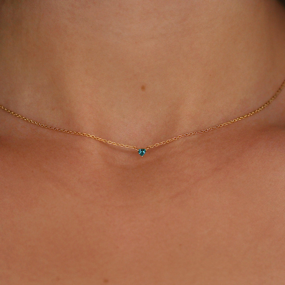 The December Birthstone Tiny Trillion Necklace with Paraiba Spinel in Yellow Gold modeled