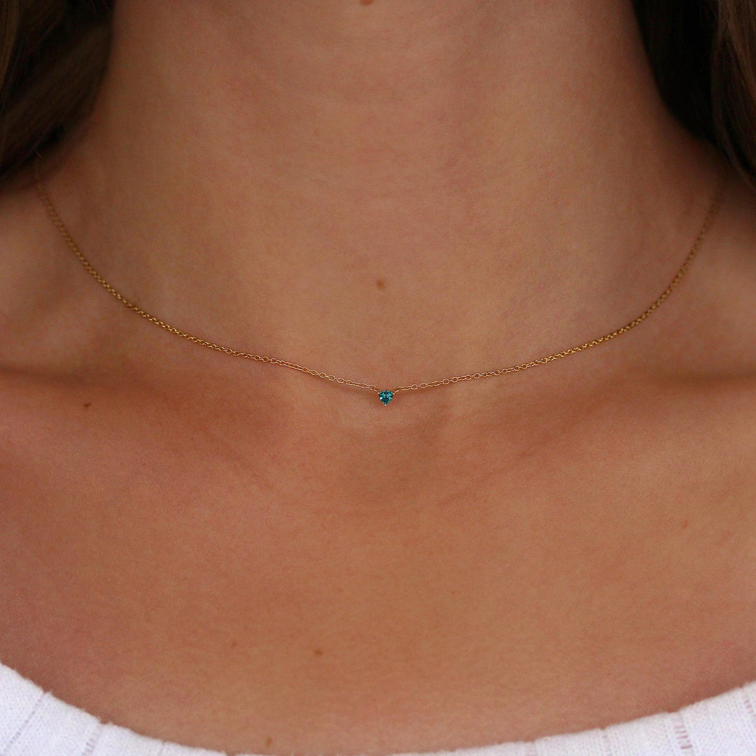 The December Birthstone Tiny Trillion Necklace with Paraiba Spinel in Yellow Gold modeled