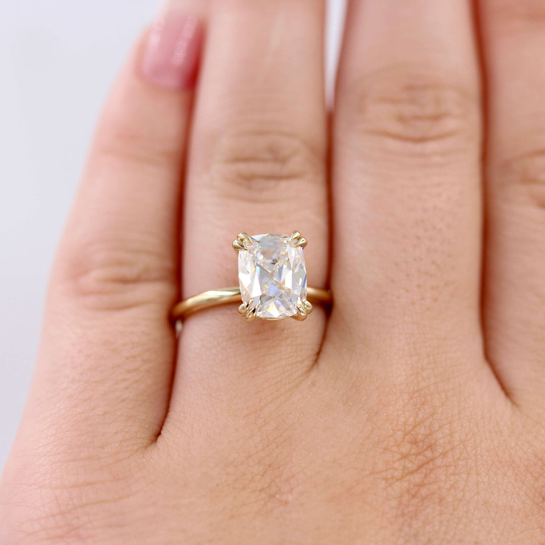 The Serena Ring (Antique Cushion) in Yellow Gold with 3.02ct Lab-Grown Diamond modeled on a hand