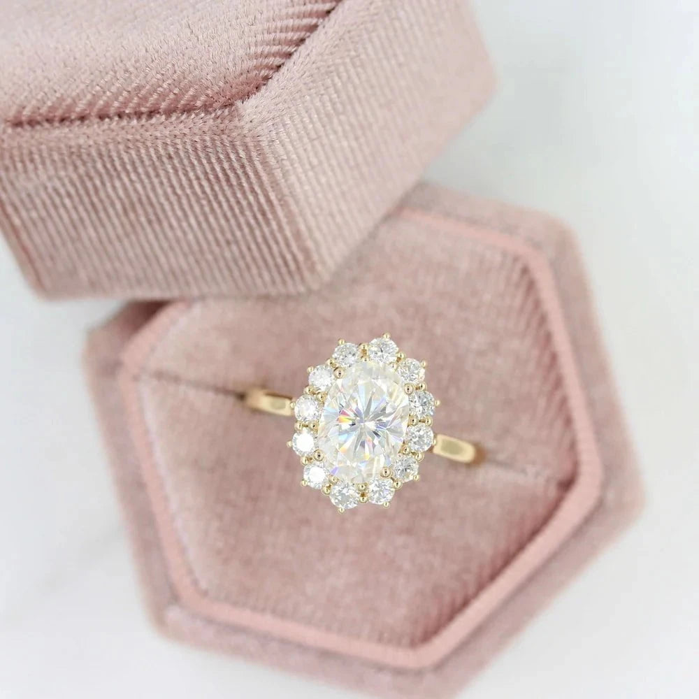 allie moissanite engagement ring in a pink ring box